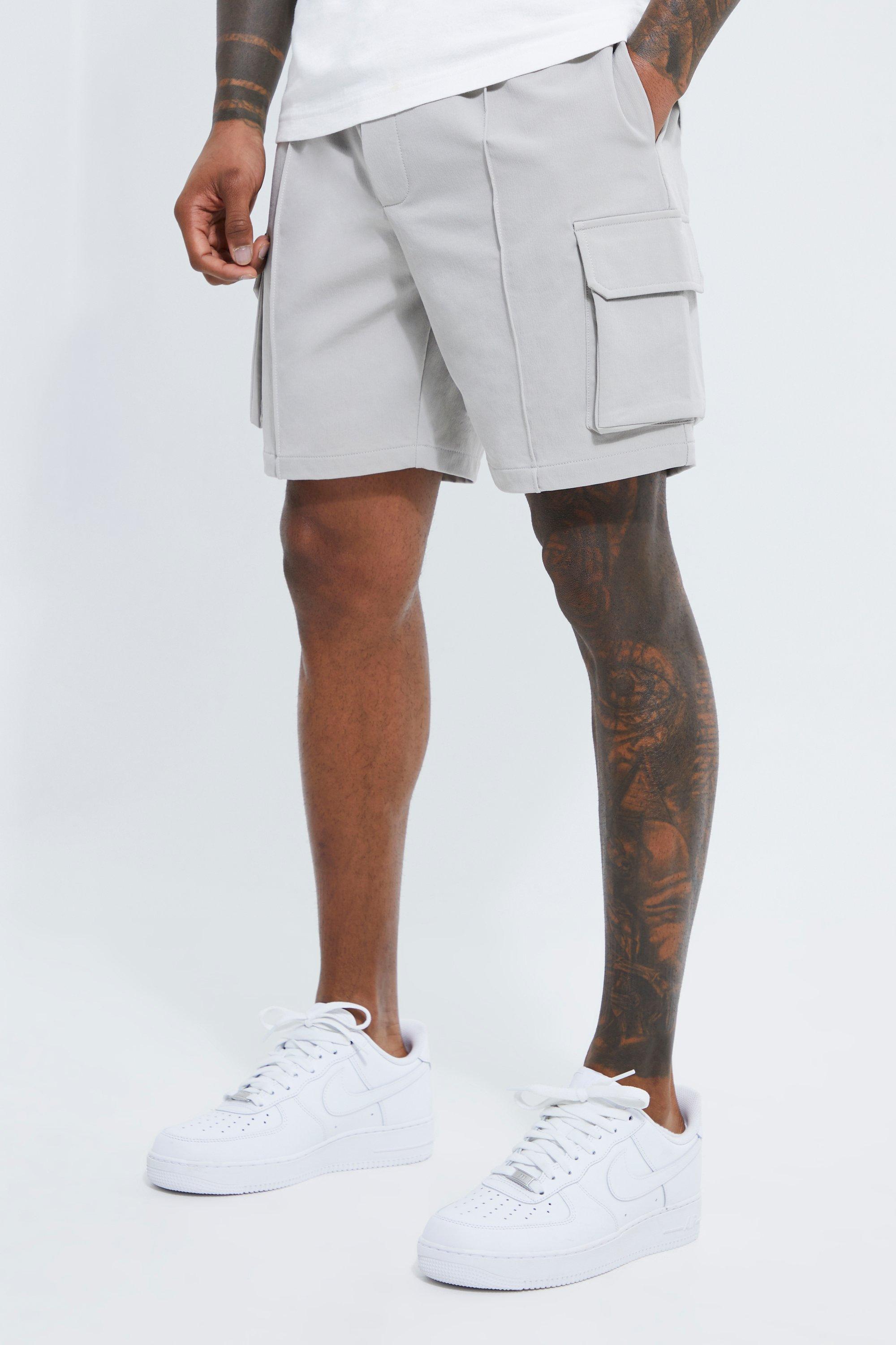 Elastic Slim Cargo Short With Pintuck boohooMAN UK